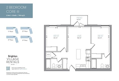 Floor plan for 2 beds, 2 baths, 786 sqft